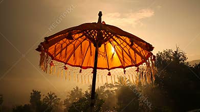 Traditions umbrella on the island of Bali, Sunset Indonesia