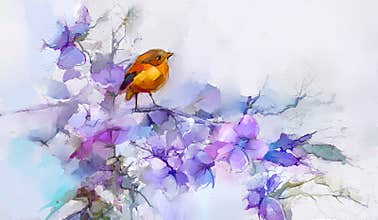 Abstract colorful oil, acrylic painting of bird and spring flower. Modern art paintings brush stroke on canvas.