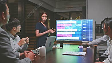 Young Asian businesswoman lead group of business financial team in strategic meeting presentation, work late night in office