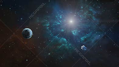 Space background. Asteroid fly to planet in colorful nebula and stars. Elements furnished by NASA. 3D animation
