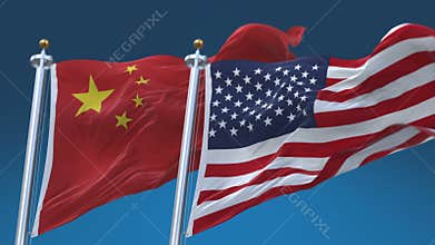 4k Seamless United States of America and China Flags blue sky background,USA CN.
