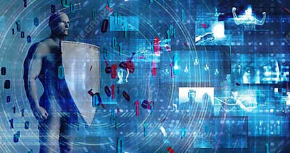 Cyber Security Concept with Woman Holding Shield Blocking Out Virus