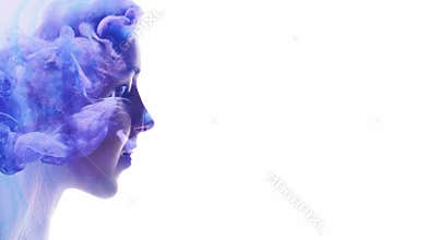Surreal portrait blue smoke female head silhouette