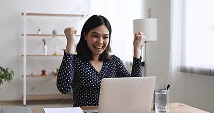 Woman using pc receive great news celebrating moment of victory