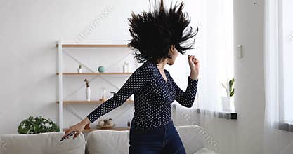 Woman received message jumping feels excited enjoy moment of victory