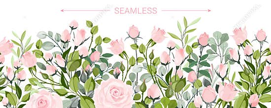 Delicate border of blush pink flowers, horizontal seamless illustration.