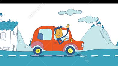 Cartoon style car goes by wonderful countryside road, cute loop animation