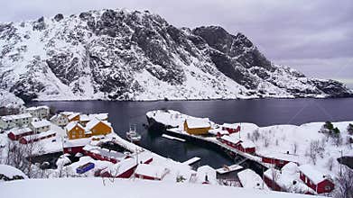 Aerial view of Nusfjord fishing town at Lofoten islands, Norway
