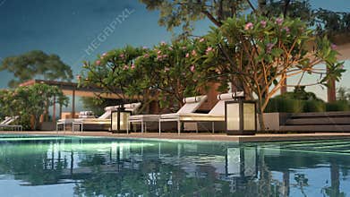 3d animation close shot of beach chairs, lamp & egg flower trees on poolside