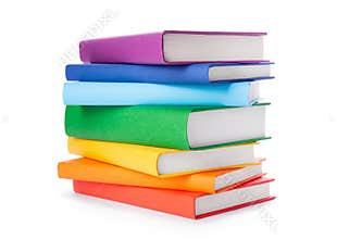 Stack of colorful books isolated on white background. Collection of different books. Hardback books for reading. Back to school