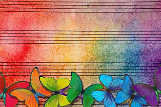 Colors of rainbow. Melody concept. Old music sheet in colorful watercolor paint and multicolored morpho butterflies. Music concept