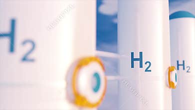 Hydrogen renewable energy production - hydrogen gas for clean electricity solar and windturbine facility. 3d rendering