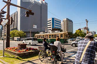 Hiroshima, Japan, famous old green tram car no 651 which survived atomic bombing.