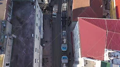 Birdseye Aerial View of Tram Public Transport on Street of Istanbul Turkey
