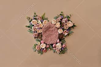 Newborn  digital background - floral arrangement in the shape of butterfly on beige backgound