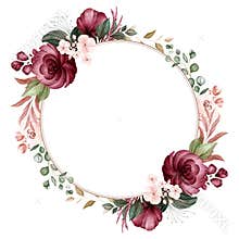 Floral frame of brown and burgundy watercolor roses and wild flowers with various leaves. Botanic illustration for card
