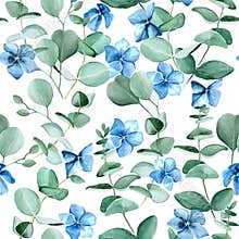Seamless watercolor pattern of blue hydrangea flowers and eucalyptus leaves on a white background. Vintage background for wallpape