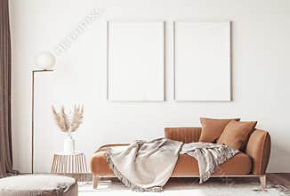 Interior design of modern Scandinavian apartment, living room in neutral colors,