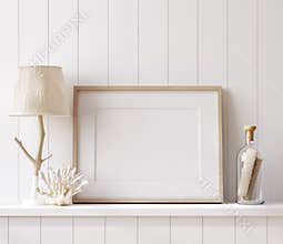 Mockup poster frame close up in coastal style home interior