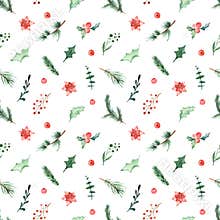 Watercolor seamless Christmas pattern with holly, berries, branches of spruce, pine, holly flower, leaves on a white background