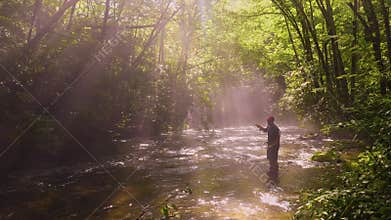 Fly Fishing Cast in Picturesque Mountain Stream, Slow Motion