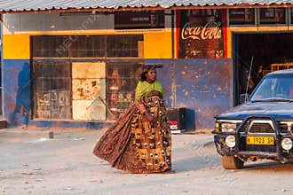 Opuwo, Namibia - Jul 06, 2019: Herero Woman in traditional clothes in Opuwo. Namibia