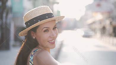 Young brunette stylish fashion woman holding hands with beautiful toothy smile
