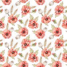 Watercolor seamless pattern with wild poppy flowers. Red flowers clipart. Background with wheats, poppies, green leaves, branches