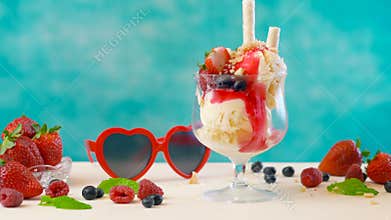 Making gourmet berry and vanilla ice cream sundae