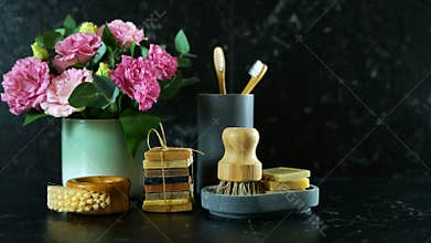 Zero-waste, plastic-free, eco-friendly bathroom products stop motion.