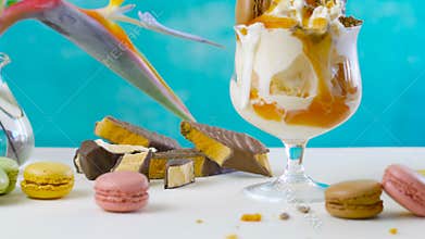 Making gourmet caramel and honeycomb ice cream sundae