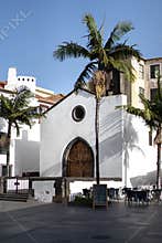 Ancient white church under the sun, palm trees in the street