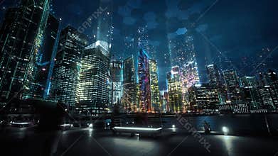 Cityscape with futuristic data communication. Hyperlapse