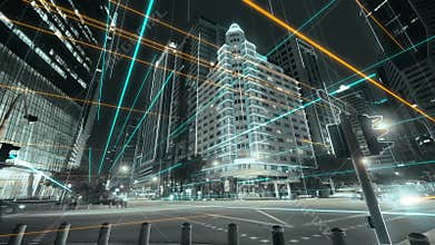 Cityscape with futuristic network connection. Hyperlapse