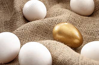 Metaphors for successful leadership and retirement investment concept with white eggs and one single gold egg on burlap sack