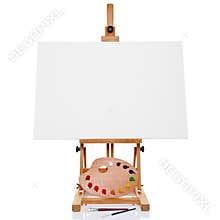 Easel with blank canvas palette paint and brushes