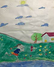 Children drawn art Little girl in summer field