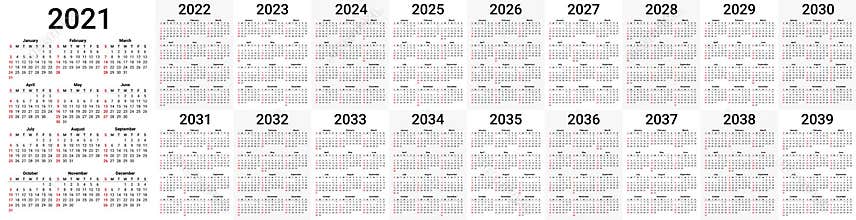 Set of calendars for 2021, 2022, 2023, 2024, 2025, 2026, 2027, 2028, 2029, 2030, 2031, 2032, 2033, 2034, 2035, 2036, 2037, 2038