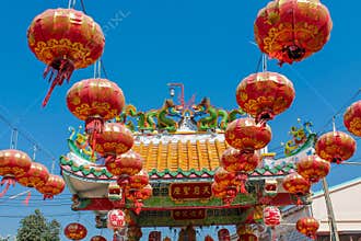 Red asian lantern in chinese pagoda for anniversary celebration