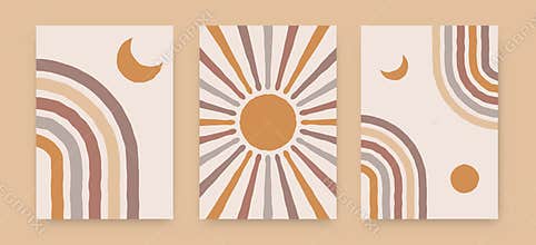 Abstract sun moon rainbow posters. Contemporary backgrounds, boho covers trendy mid century style. Geometric vector wall decor
