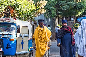 Gondar, Ethiopia - Feb 06, 2020: Ethiopian people on the roads of Gondar