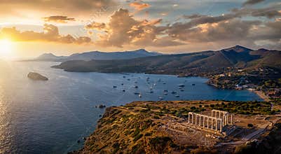 Panoramic view of the Temple of Poseidon at Cape Sounion at the edge of Attica, Greece