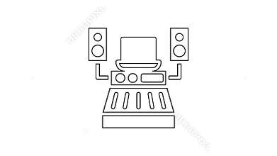 Black line Music sound recording studio control room with professional equipment icon isolated on white background. 4K