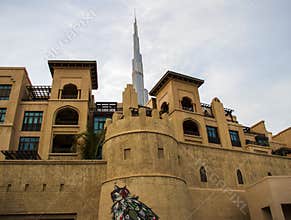 Tallest building in the world Burj Kalifa, view from Souq al Bahar parking side. Dubai, UAE