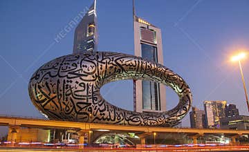 Main road of a United Arab Emirates, Shekh Zayed road. Shot taken in Dubai. Many of famous buildings can be seen as well as metro