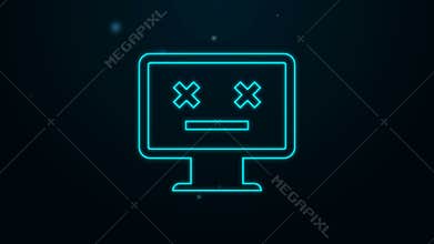 Glowing neon line Dead monitor icon isolated on black background. 404 error like pc with dead emoji. Fatal error in pc
