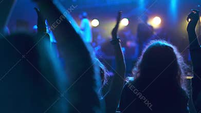 Crowd of fans of the musical band applauding in a nightclub during live performance. Rock concerts where people dancing