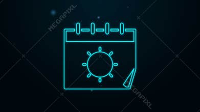 Glowing neon line Calendar and sun icon isolated on black background. Event reminder symbol. 4K Video motion graphic