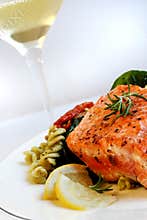 Salmon, Pasta Salad and White Wine
