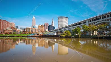 Cleveland, Ohio, USA downtown skyline on the Cuyahoga River